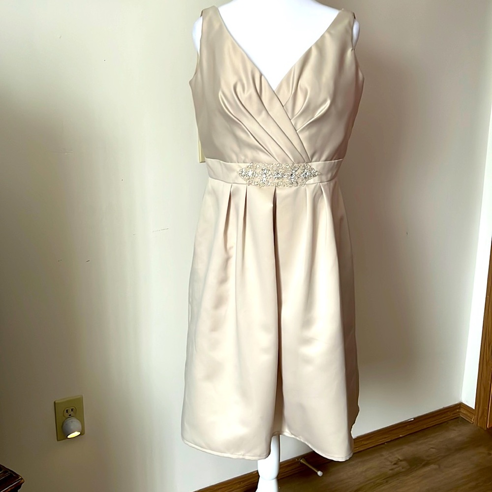 A line dress satin dress. Beaded waistband. Pleated bust. Slimmer arm openings.
